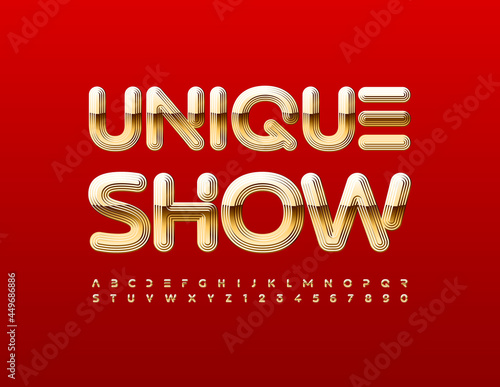 Vector luxury flyer Unique Show. Elegant Gold Alphabet Letters and Numbers set. Shiny textured Font