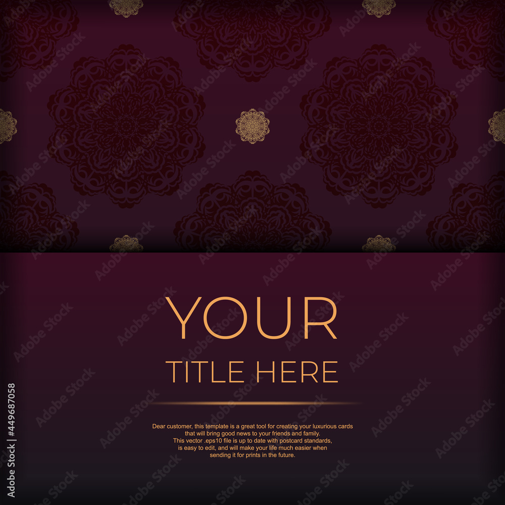 Luxurious burgundy color postcard template with vintage patterns. Ready to design invitation card with mandala ornament.