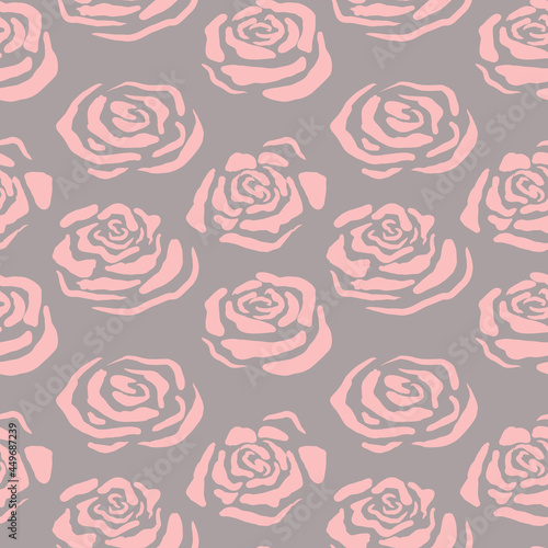 seamless pattern with pink rose buds on a gray background, abstract stylized flowers drawn by hand