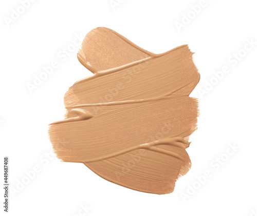 Sample of liquid skin foundation on white background, top view. Space for text