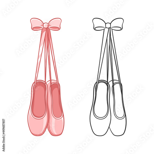 Hanging pink Pointe shoes clipart, ballet shoes tied up with a bow simple flat vector illustration. Ballerina, ballet dancer footwear equipment sign symbol.