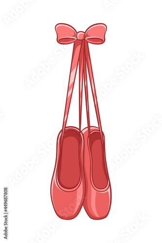Hanging pair of red pointe shoes with bow clipart, ballet shoes simple flat vector illustration. Ballerina, ballet dancer footwear equipment sign symbol.