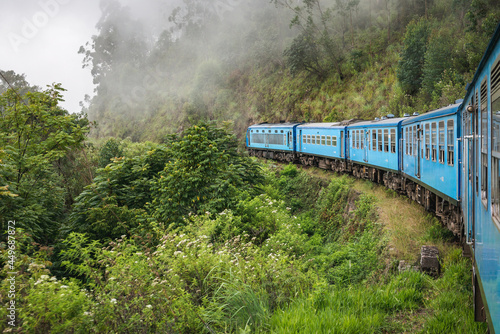 Train from Nuwara Eliya to Ella among tea plantations in the highlands of Sri Lanka.