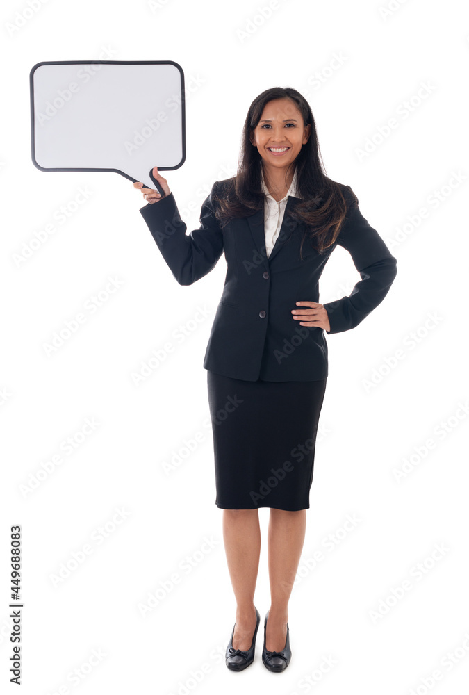 full length of mixed race asian/caucasian business woman holding white board with copy space for text, isolated over white background full length of mixed race asian/caucasian business woman holding white board with copy space for text, isolated over white background