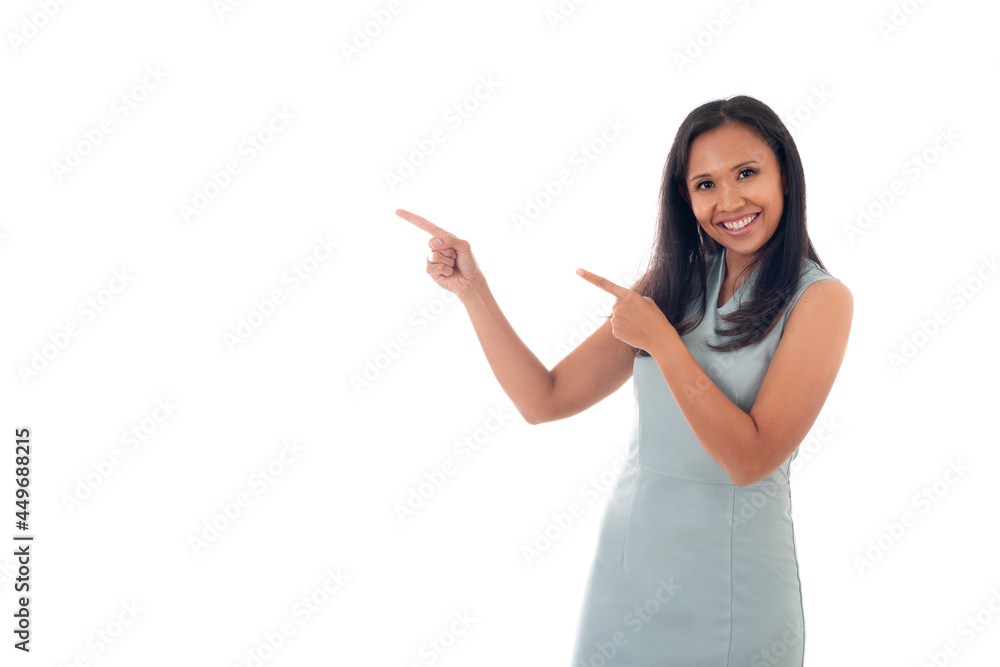 smiling mixed race asian/caucasian woman pointing with two hands and fingers to the side ,isolated over white background with copyspace for text smiling mixed race asian/caucasian woman pointing with two hands and fingers to the side ,isolated over white background with copyspace for text