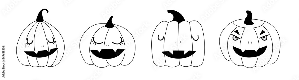 Set of linear pumpkins for halloween, funny, cute and childish, with closed eyes, smiling. Illustration in a flat style on a white background Set of linear pumpkins for halloween, funny, cute and childish, with closed eyes, smiling. Illustration in a flat style on a white background