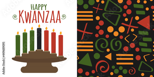Happy Kwanzaa - set of vector illustration of candle holder kinara isolated on white with seven candles and Tribal African ethnic seamless pattern background with simple lines and figures.