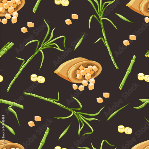 Sugarcane stems and leaves, a bag of sugar seamless pattern. Vector illustration