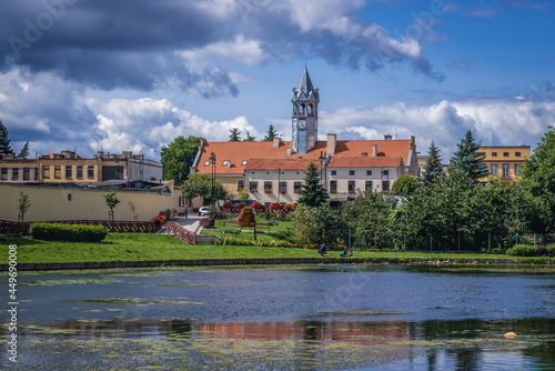 Pond in Barczewo town, view with City Hall building, Poland