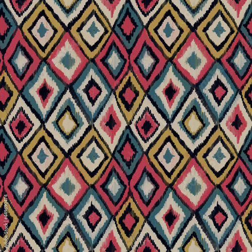 bright seamless pattern in folk style with diamonds and ornaments, ethnic oriental pattern with pink blue yellow color, hand-drawn pattern, grunge texture, background, fabric, scrapbooking paper