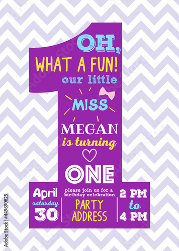 Our little miss is turning one, birthday party vector invitation card