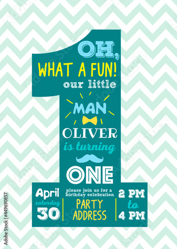 Our little man is turning one, birthday party vector invitation card
