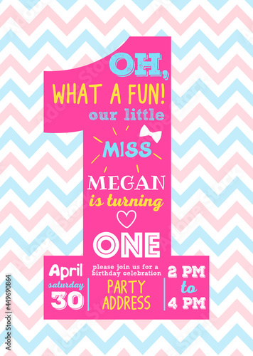 Our little miss is turning one, birthday party vector invitation card