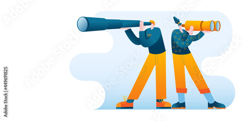 A young man and a girl in casual clothes look through binoculars and a telescope. Vector illustration on the topic of finding new ideas or strategic planning. A horizontal banner.
