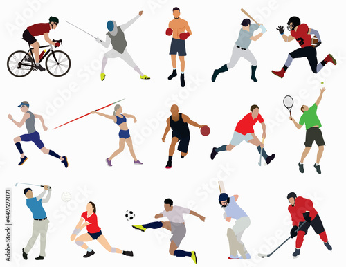 set of sports persons, collection of athletes playing their sports