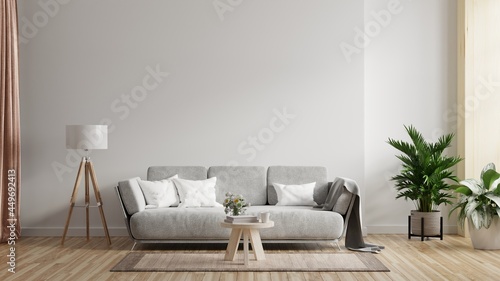 Living room interior wall mockup with sofa with decor on white background. © Vanit่jan