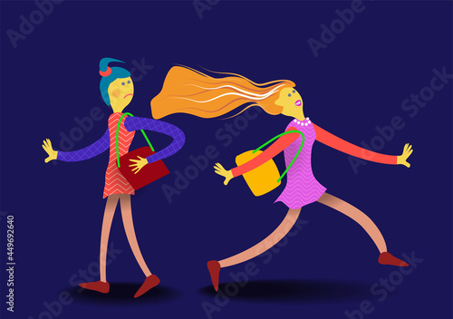 The girl looks enviously at the walking girl with long hair