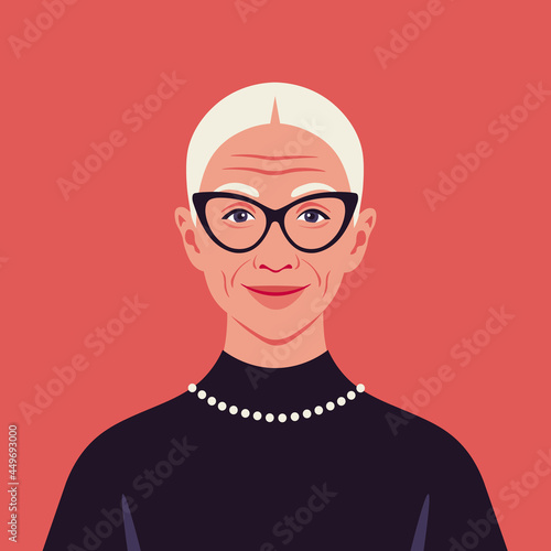 Portrait of an elderly woman with eyeglasses. Avatar of a smiling grandmother. A fashion model. Diversity. Vector flat illustration