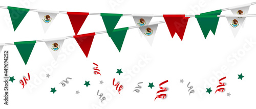 Caption: Mexican Independence Day, September 16. Vector illustration, fireworks balloons and ribbons with mexico flag. Realistic vector.