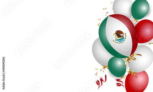 Caption: Mexican Independence Day, September 16. Vector illustration, fireworks balloons and ribbons with mexico flag. Realistic vector. photo