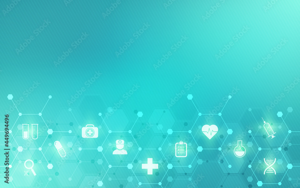Illustration of a medical background with flat icons and symbols. Template design with concept and idea for the healthcare technology, innovation medicine, health, science and research
