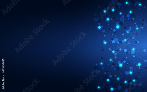 Abstract background of molecules. Molecular structures or DNA strands, genetic engineering, neural network, innovation technology, scientific research. Technological, science, and medicine concept