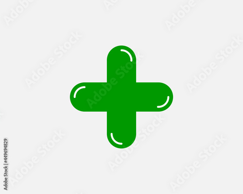 Green plus sign. Vector icon. Cross symbol of safety guidance.