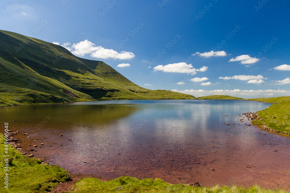 Aerial view of natural scenery in the Brecon Beacons National Park (Llyn y Fan Fach, Wales)