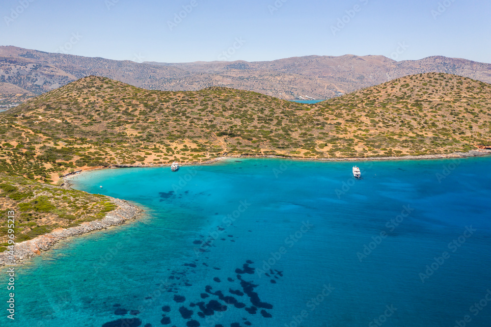 Aerial view of the dry Greek coastline in summer (Elounda, Crete)