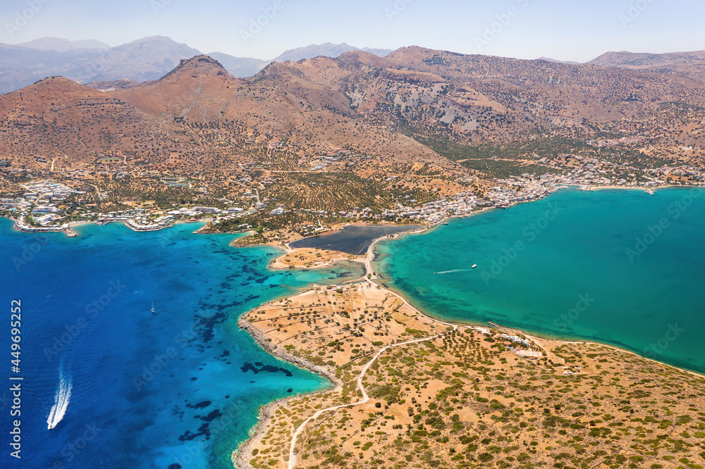 Aerial view of the mountains and coastline of the Greek island, Crete (Elounda)