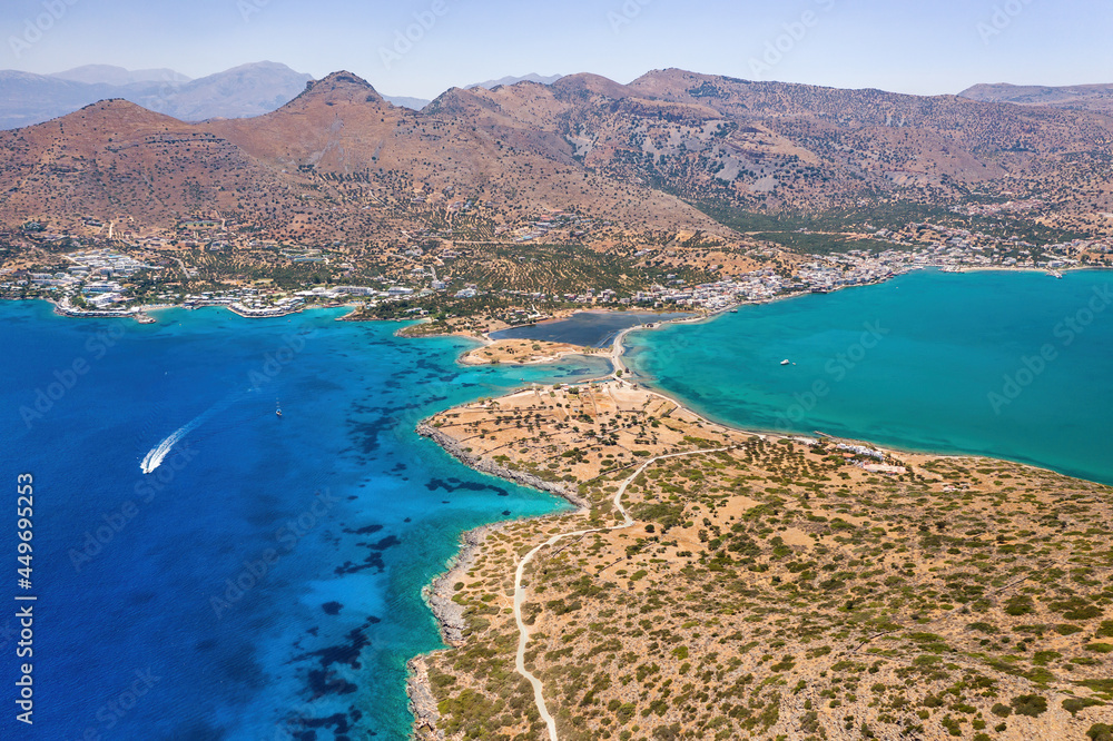 Aerial view of the mountains and coastline of the Greek island, Crete (Elounda)