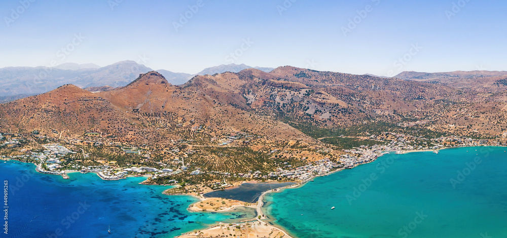 Panoramic aerial view of the town of Elounda on the island of Crete, Greece