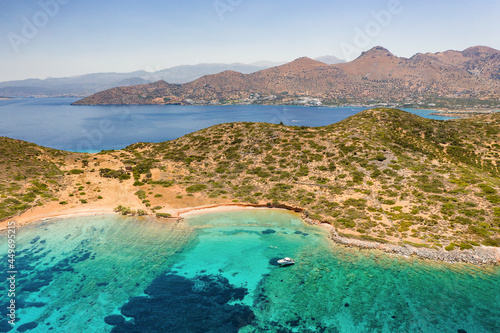Aerial view of the dry Greek coastline in summer (Elounda, Crete)