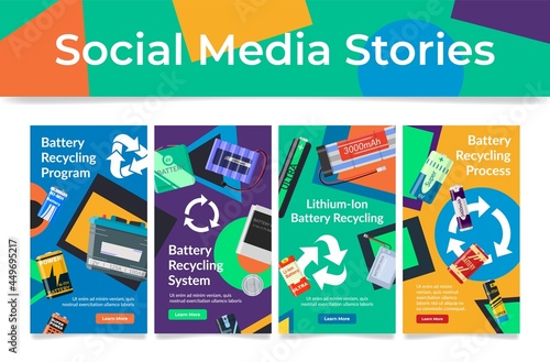 Set of battery recycling system social media poster vector flat alternative technology program