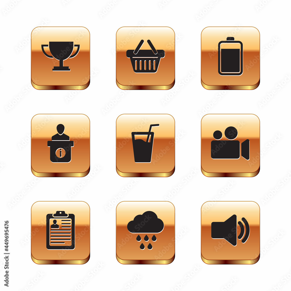 Set Trophy cup, Clipboard with resume, Cloud rain, Glass water, Information desk and Battery icon. Vector