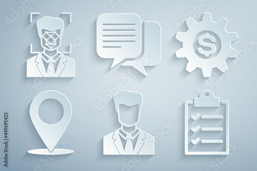 Set User of man in business suit, Gear with dollar symbol, Map pin, Clipboard checklist, Chat and Face recognition icon. Vector