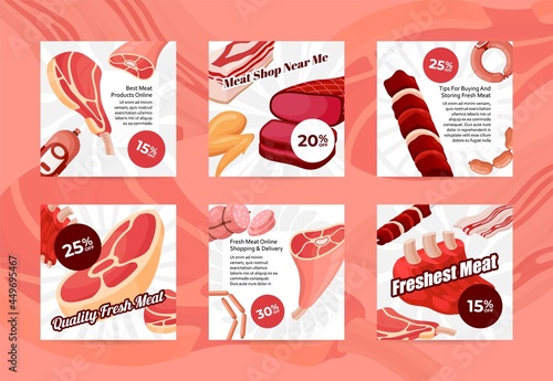 Set of fresh meat sale squared posters vector illustration online discount coupons for butcher shop