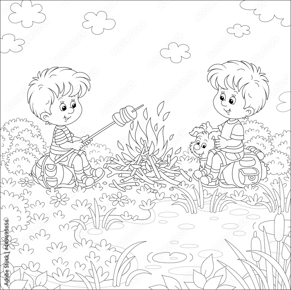 Little boy-scouts with a small pup in a forest camp, friendly smiling, talking and roasting bread on campfire, on summer vacation, black and white outline vector cartoon illustration