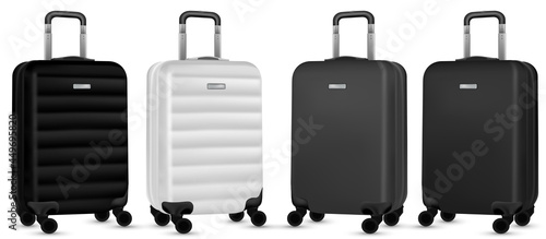 Travel bag stickers. Silver travel plastic suitcase or vacation baggage bag collection isolated on white background. Copy space. Road frame set.