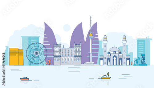 Azerbaijan Travel Destination vector. Baku Azerbaijan, watercolor vector hand drawing. City skyline, architecture, buildings, streets, silhouette, landscape, panorama, landmarks. Vector sketch city.