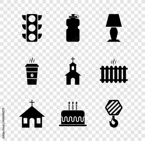 Set Traffic light, Sport bottle with water, Table lamp, Church building, Cake burning candles and Industrial hook icon. Vector © vector_v