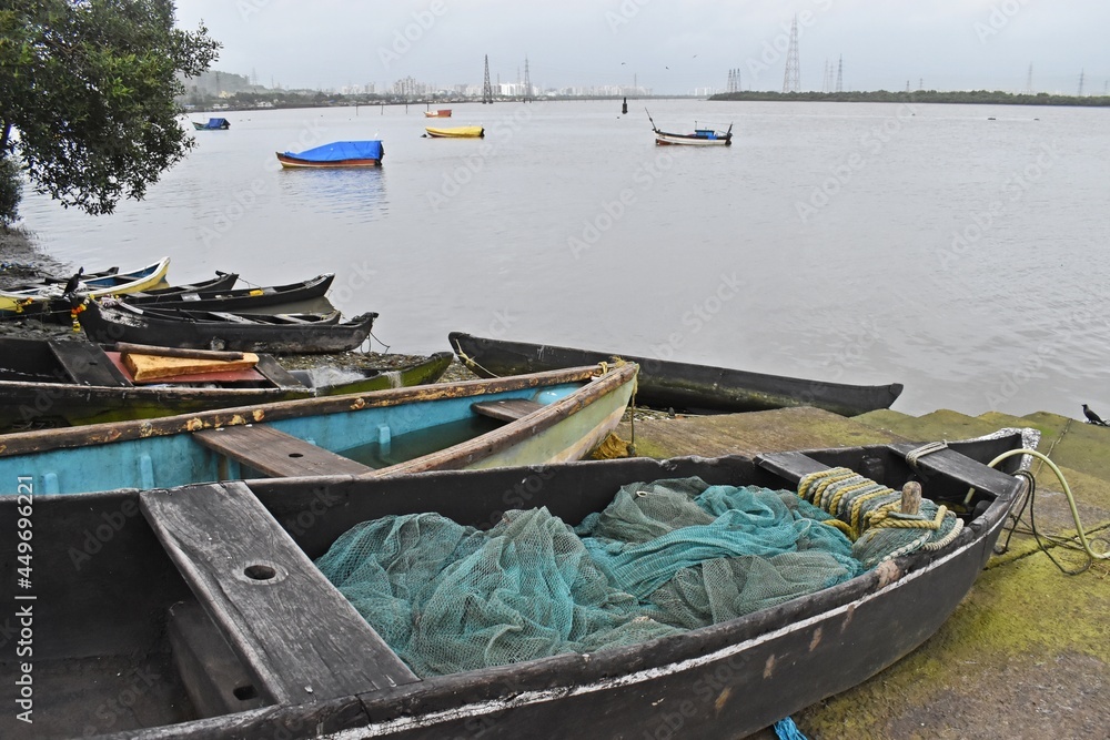 indian fishing boats  harbor in mumbai ,india