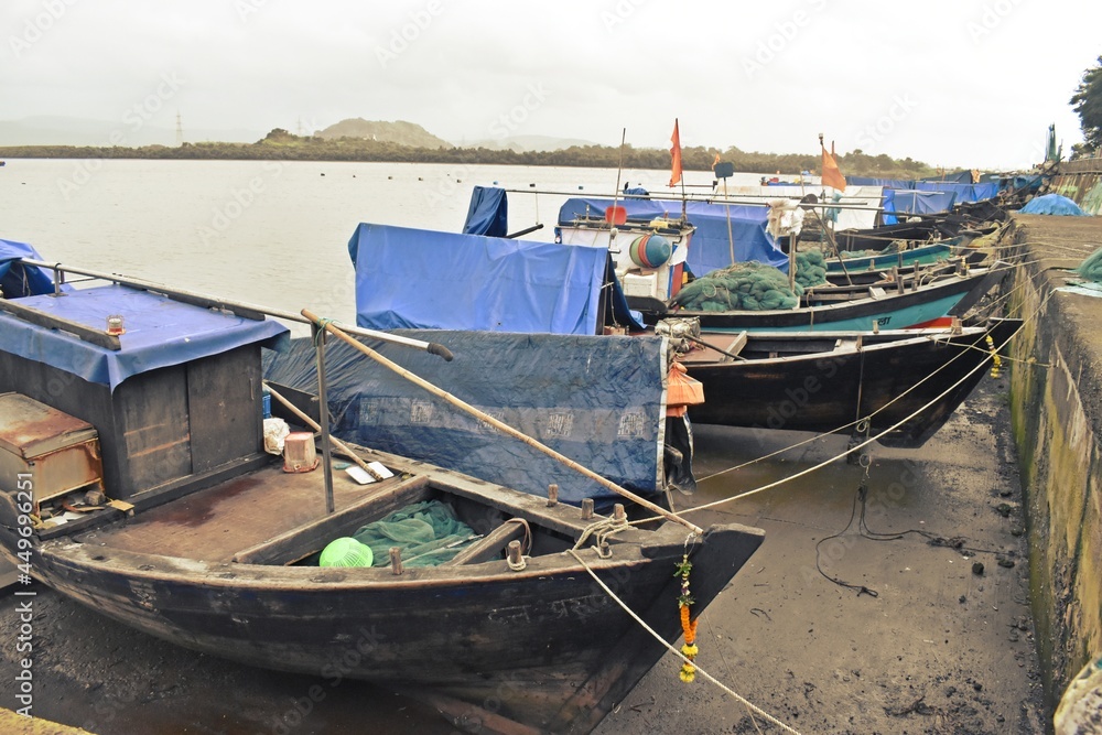 indian fishing boats  harbor in mumbai ,india