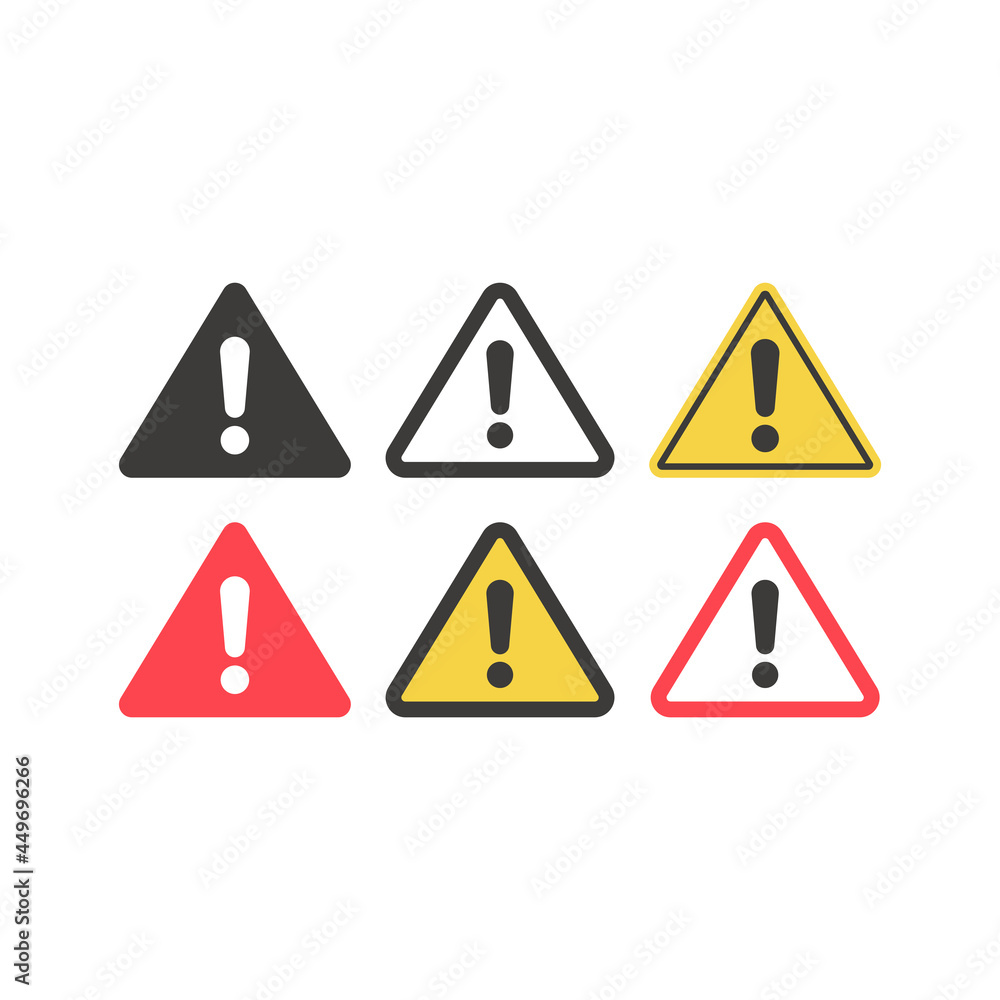 Warning sign with exclamation mark. Triangular vector icon set in yellow, red and black. Warning sign with exclamation mark. Triangular vector icon set in yellow, red and black.