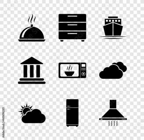 Set Covered with tray of food, Furniture nightstand, Ship, Sun cloud weather, Refrigerator and Kitchen extractor fan icon. Vector