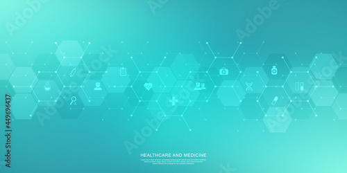 Medical background and healthcare technology with flat icons and symbols. Concept and idea for health care business, innovation medicine, health safety, science, medical research, and development.