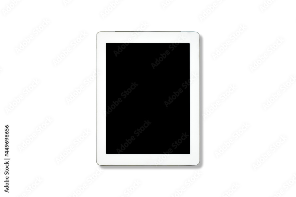 Clipping Path. Top view(Flat lay) of Tablet modern White with touch screen black Empty(Mockup) isolated on white view. Technology view on close up. Flat lay design. Business office view. Clipping Path. Top view(Flat lay) of Tablet modern White with touch screen black Empty(Mockup) isolated on white view. Technology view on close up. Flat lay design. Business office view.