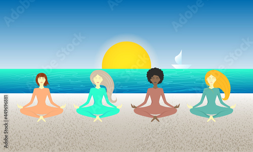 Group of women doing yoga in lotus position at sunrise on the beach. Healthy lifestyle. Open air exercise.