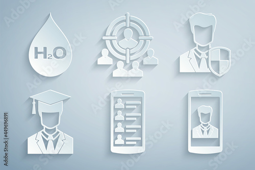 Set Smartphone with contacts  User protection  Graduate graduation cap    Marketing target strategy and Water drop H2O icon. Vector