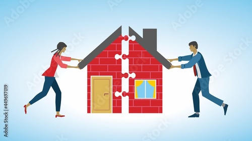 Woman and man with house with puzzle, jigsaw pieces shape. Vector illustration. Dimension 16:9. EPS10.